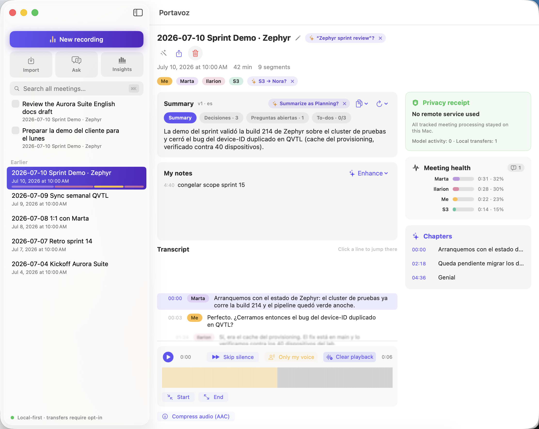 A current Portavoz meeting: dismissible AI suggestions, colored speaker pills, a tabbed summary, transcript, clear playback, privacy receipt, meeting health, chapters, and Apuntador